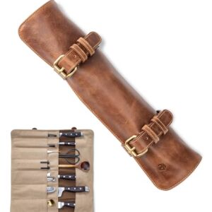 Angus Stoke Messertasche aus hochwertigem Büffelleder mit 14 Fächern für Kochmesser, in einem klassischen Design, ideal für professionelle Köche und Hobbyköche, sicher und praktisch verschließbar.