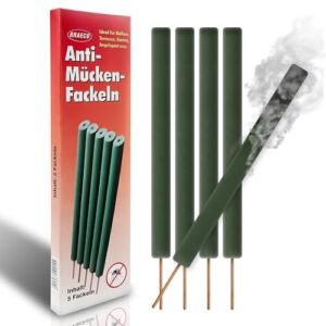 Packung mit 5 Anti-Mücken-Fackeln für effektiven Insektenschutz im Freien, ideal für Gartenpartys und Grillabende.