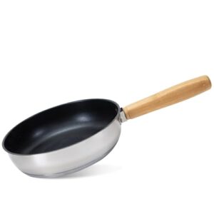 Eine hochwertige 20 cm Antihaft Pfanne aus Edelstahl mit schwarzer Antihaftbeschichtung, ideal für Camping und Induktion, inklusive abnehmbarem Griff und Nylon-Aufbewahrungstasche.