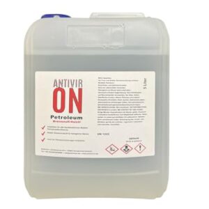 5 Liter Kanister mit ANTIVIR ON Petroleum Lampenöl für Öl-Lampen, Gartenfackeln und Heizer, deutlich sichtbare Inhaltsmenge und Sicherheitsinformationen.