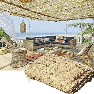 Beige Tarnnetz von Aosong auf einer Strandterrasse, ideal für Sonnenschutz und Dekoration, mit einer entspannten Umgebung und Meerblick.
