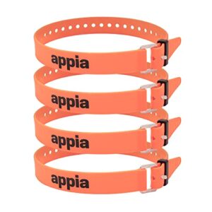 Vier orangefarbene Appia Straps Spanngurte von 50 cm, gestapelt und bereit für den Einsatz beim Camping, Bikepacking und Heimwerken. Jede Gurt besitzt eine rostfreie Aluminium-Schnalle und verfügt über ein innovatives Verschlussprinzip für maximale Sicherheit.