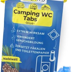 Verpackung der AQAHY Camping Toiletten Tabs in Blau, die effektiv Gerüche verhindern und Fäkalien zersetzen, ideal für Camping und Chemietoiletten, Hergestellt in Deutschland.