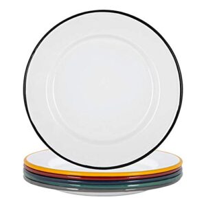 Argon Tableware weiße Emaille Dinner-Teller mit einem Durchmesser von 25,5 cm, präsentiert in einem Stapel mit verschiedenen Farben, ideal für stilvolle Mahlzeiten zuhause oder im Freien.