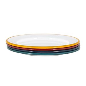 Vier bunte Argon Tableware Seitenplatten aus Emaille, 20 cm Durchmesser, in den Farben Weiß, Blau, Rot und Grün, übereinander gestapelt mit einem eleganten und rustikalen Design.