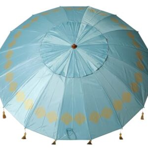 Orientalischer Strandschirm mit Durchmesser 220 cm, aus Aluminium mit Fransen und UPF 50+ Schutz, in Blau für Garten, Strand oder Camping.
