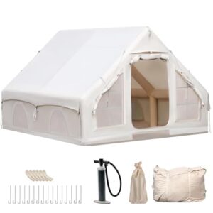 Aufblasbares Gampingzelt für 4-10 Personen in neutralen Farben mit großen Fenstern und einfacher Handpumpe für schnellen Aufbau, ideal für Outdoor-Aktivitäten und Camping.