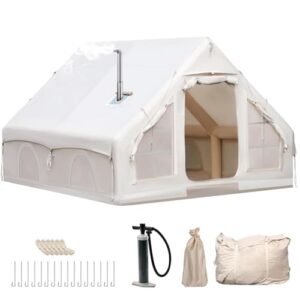 Aufblasbares Gampingzelt für 4-10 Personen mit Kaminöffnung und Dachfenster, ideal für Outdoor-Aktivitäten. Das Zelt aus wasserdichtem Oxford-Stoff bietet optimalen Schutz und Komfort während des Campings.