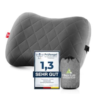 Ergonomisches aufblasbares Kissen für Reisen und Camping in Grau, inklusive praktischen Beutel und Qualitätssiegel.