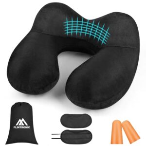 Aufblasbares Nackenkissen in Schwarz mit ergonomischem Design, Samtbezug und Zubehör für Reisen, inklusive Augenmaske und Ohrstöpseln.