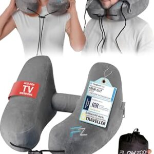 FLOWZOOM AIR aufblasbares Nackenkissen in Grau, ideal für Reisen, mit ergonomischer Form und Kapuze, von Menschen benutzt in entspannten Positionen.