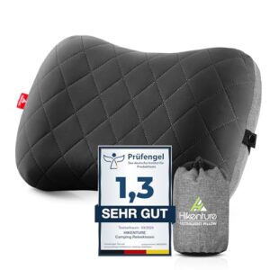Ergonomisches aufblasbares Camping- und Reise-Kissen in dunklem Grau mit abnehmbarem Kissenbezug, ideal für Komfort und Nackenstütze unterwegs.