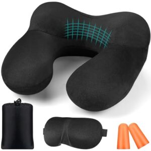 Ergonomisches aufblasbares Reisekissen in Form eines U mit Ohrstöpseln und Augenmaske in schwarzem Design, ideal für Reisen und Entspannung.
