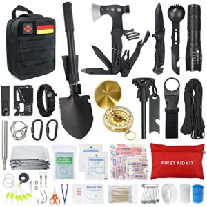 Umfassendes Außen Notfall Survival Kit mit Erste Hilfe Set, inkl. Multi-Tool Axt, Klappspaten, Kompass und weiteren nützlichen Utensilien für Camping und Outdoor-Aktivitäten.