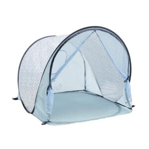 Babymoov Strandmuschel Blue Waves mit LSF 50+ und Pop-Up-System für optimalen Sonnenschutz am Strand.