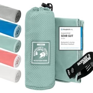 Collection of Backpacker's Journey microfiber towels in various colors, including a turquoise large towel displayed in a mesh bag, ideal for travel and outdoor activities due to their lightweight and quick-drying properties.