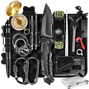 BACROOM 14 in 1 Survival Kit mit Taschenmesser, Taschenlampe, Kompass, Paracord und weiteren Überlebenswerkzeugen auf einer schwarzen Ablage, ideal für Outdoor-Aktivitäten wie Camping, Wandern und Angeln.