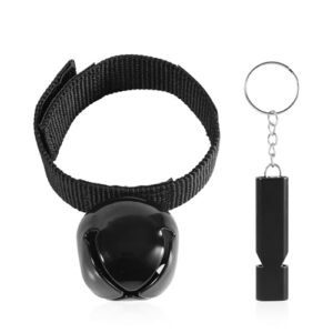 Bärenglocken Set mit Pfeife für Outdoor-Aktivitäten, bestehend aus einer schwarzen Glocke und einer tragbaren Pfeife, ideal zum Wandern, Camping und Angeln.