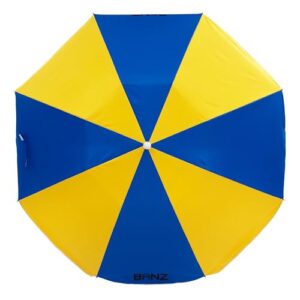BANZ UV-Foldabrella in blau/gelb, 180 cm, bietet UV-Schutz mit Sandanker-Design für Stabilität im Freien.