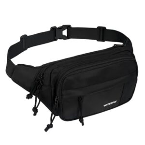 Schwarze Bauchtasche aus strapazierfähigem Material mit mehreren Fächern und verstellbarem Gurt, ideal für Sport und Freizeitaktivitäten.