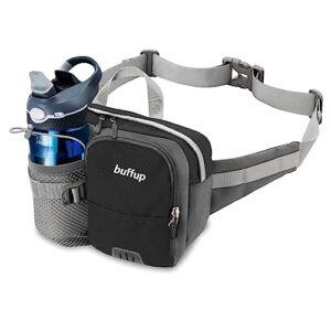 Praktische und robuste Bauchtasche mit Wasserflaschenhalter für Outdoor-Aktivitäten wie Hundetraining, Radfahren, Wandern und Laufen, gefertigt aus strapazierfähigem, wasserabweisendem Material in Schwarz.