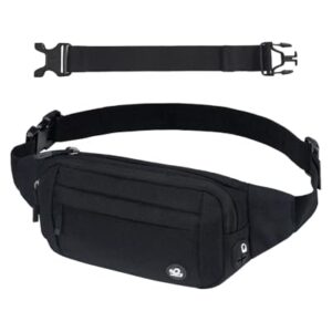 Schwarze Bauchtasche für Sport und Freizeit mit mehreren Taschen und verstellbarem Hüftgurt, ideal für aktive Lebensstile.
