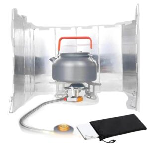 Faltbare Aluminium-Windschutzscheibe um einen Campingkocher, ideal für Outdoor-Kochen und Grillen, zeigt einen stabilen Kocher mit grauem Wasserkessel und ergonomischem Griff.