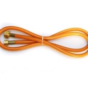Leere befüllbare Gasflasche für Camping und Grillen, mit orangefarbenem Umfüllschlauch und Metallanschlüssen, ideal für Outdoor-Kochen