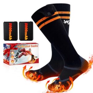 Beheizte Socken mit einer wiederaufladbaren 5000mAh Batterie und orangefarbenen Akzenten, ideal für Outdoor-Aktivitäten bei kaltem Wetter.