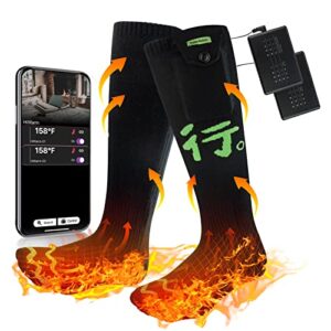 Beheizte Socken für Damen und Herren mit App-Steuerung, ideal für Outdoor-Aktivitäten wie Wandern und Skifahren, inklusive Temperaturanzeige auf einem Smartphone.