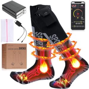 Beheizte Socken mit App-Fernbedienung und 5000 mAh Akku, dargestellt mit Powerbank, Steuergerät und Ladezubehör, ideal für kalte Temperaturen und Outdoor-Aktivitäten.