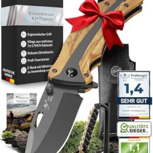 BERGKVIST K29 Klappmesser aus Olivenholz mit Titanium-Veredelung - 3-in-1 Outdoor Messer, ideal für Camping und Outdoor-Aktivitäten