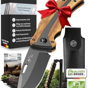 Vielseitiges BERGKVIST® K30 Titanium Klappmesser mit Olivenholzgriff, Feuerstahl und Gürteltasche, ideal für Outdoor-Aktivitäten, Camping und Survival.