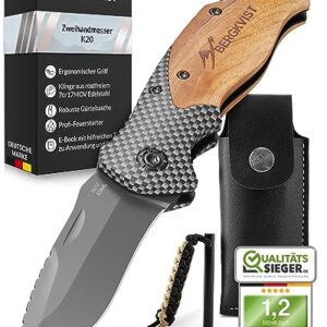 BERGKVIST K20 Klappmesser mit Holzgriff und Titanium-Beschichtung, 3-in-1 Taschenmesser mit Glasbrecher, Gurtschneider und Feuerstahl für Outdoor-Aktivitäten und alltägliche Anwendungen.