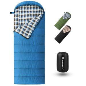 Bessport Schlafsack für Erwachsene in blauer Farbe mit kariertem Innenfutter, ideal für Camping und Reisen in 3-4 Jahreszeiten, präsentiert auf einem weißen Hintergrund.