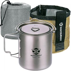 Ultraleichtes Camping Geschirr Set aus Titan, bestehend aus einem 750ml Topf und Tasse, ideal für Trekking, Wandern und Bushcraft.