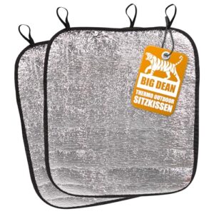 Zwei quadratische Thermo Sitzkissen 35x40 cm mit reflektierender Aluminiumfolie für den Außenbereich, wetterfest und leicht faltbar, ideal für Camping und Outdoor-Veranstaltungen.