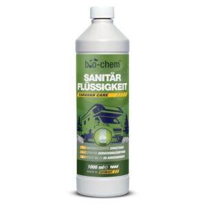 Bio-chem Sanitärflüssigkeit für Campingtoiletten in grüner Kunststoffflasche mit weißen und gelben Akzenten, effektiver mikrobiologischer Toilettenzusatz, hergestellt in Deutschland, 1 Liter Inhalt.