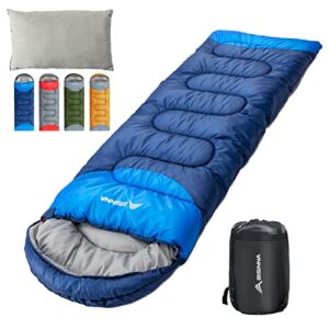 BISINNA Schlafsack für 4 Jahreszeiten, wasserdicht, leicht und warm, ideal für Camping und Outdoor-Aktivitäten. Zeigt die ovale Form in Blau und Grau mit abgerundeter Kapuze und gepolstertem Kragen.