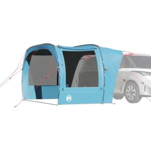 Blaues Autozelt für Camping und Outdoor-Aktivitäten, wasserdicht und einfach am Fahrzeug zu montieren, mit Mesh-Fenstern für gute Belüftung.
