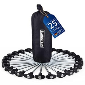 Set von 25 robusten Blaustein Zeltheringen aus gehärtetem Stahl in einer Tragetasche, ideal für Camping und Outdoor-Aktivitäten.