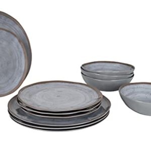Bo-Camp Melamin Geschirr Set Halo in Grau, 12-teiliges Essgeschirr für Camping, Reisen und Picknick mit stilvollem Design in Töpfer-Optik, bestehend aus großen und kleinen Tellern sowie Schüsseln.