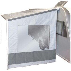 Bo-Camp Seitenwand für Wohnwagen-Vordach mit Fenster, ideal für Camping und Outdoor-Aktivitäten, schützende und funktionale Konstruktion in verschiedenen Grautönen.