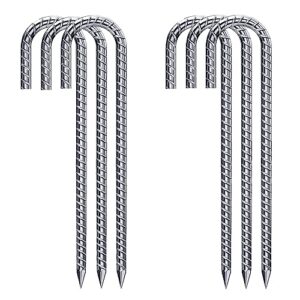 Set von vier verzinkten Bodenanker-Heringen aus Stahl, ideal für sichere Verankerung von Zelten und Outdoor-Ausrüstung. J-förmige, spitze Konstruktion für einfachen Gebrauch in verschiedenen Bodenarten.