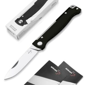 Böker Plus Atlas kleines Slipjoint Taschenmesser mit schwarzem Griff und Droppoint Klinge aus Sandvik Stahl, perfekt für EDC und Outdoor-Aktivitäten.