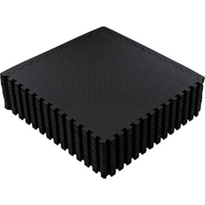 Schwarze quadratische Zeltbodenmatten aus rutschfestem EVA-Schaumstoff zur Isolierung und Polsterung beim Camping, in Stapelung auf einem weißen Hintergrund.