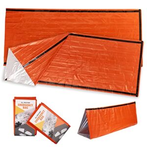 Zwei orangefarbene ultraleichte und wasserdichte Notfall-Biwaksäcke, ideal für Outdoor-Aktivitäten und Notfallsituationen, mit reflektierender Innenseite zur Wärmespeicherung.