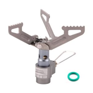 Der BRS 3000T Ultraleichter Backpacking Gaskocher in silber mit klappbaren Brennerarmen, ideal für Camping und Outdoor-Aktivitäten, mit einem zusätzlichen O-Ring abgebildet.