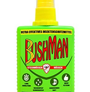 Flasche eines effektiven Insektenschutzmittels für Erwachsene mit einem auffälligen, leuchtend grünen Design, ideal für Outdoor-Aktivitäten.