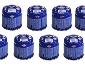 10x universelle 190g Butan Stechkartuschen in blau, ideal für Campingkocher und Lötbrenner, auf einem weißen Hintergrund angeordnet